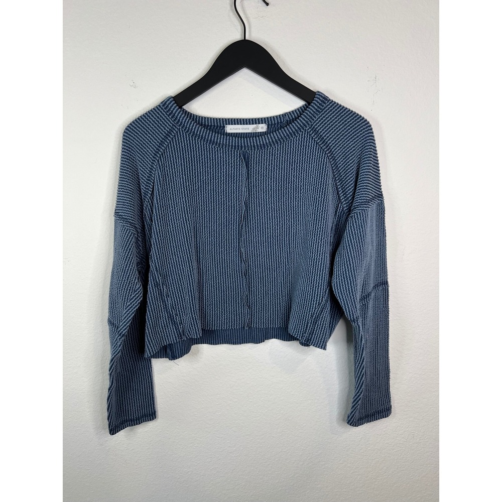 Altar'd State Womens Cropped Long Sleeve Top Textured Ribbed Knit Blue XS